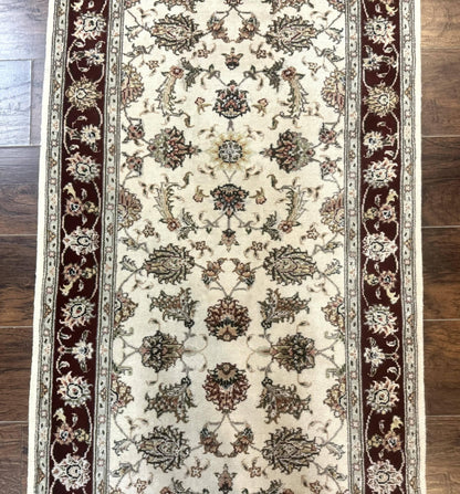 Pak Persian Runner Rug 2.8 x 8, Handmade Vintage Carpet, Beige and Maroon, Wool and Silk Highlights - Nuvé