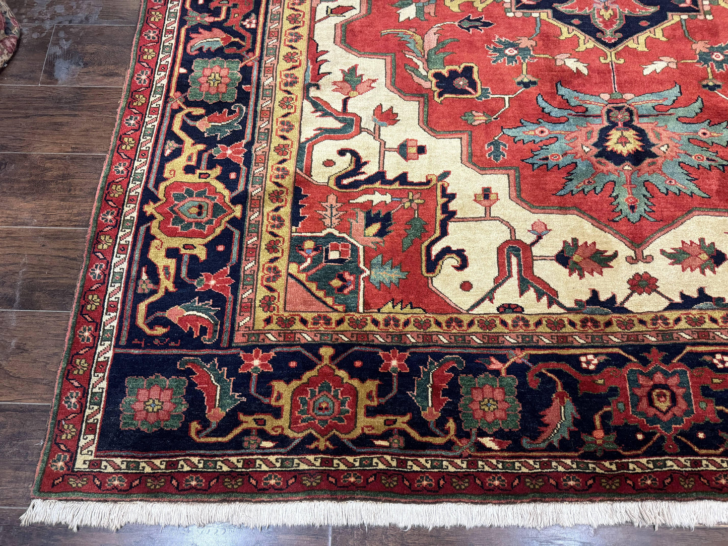 Persian Heriz Serapi Rug 8 x 10.6, Geometric Medallion, Great Colors, Rare, Red Navy Blue Ivory - Nuvé