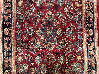 Persian Sarouk Rug 5x6, Hand Knotted Antique 1920s Sarouk, Red Navy Blue