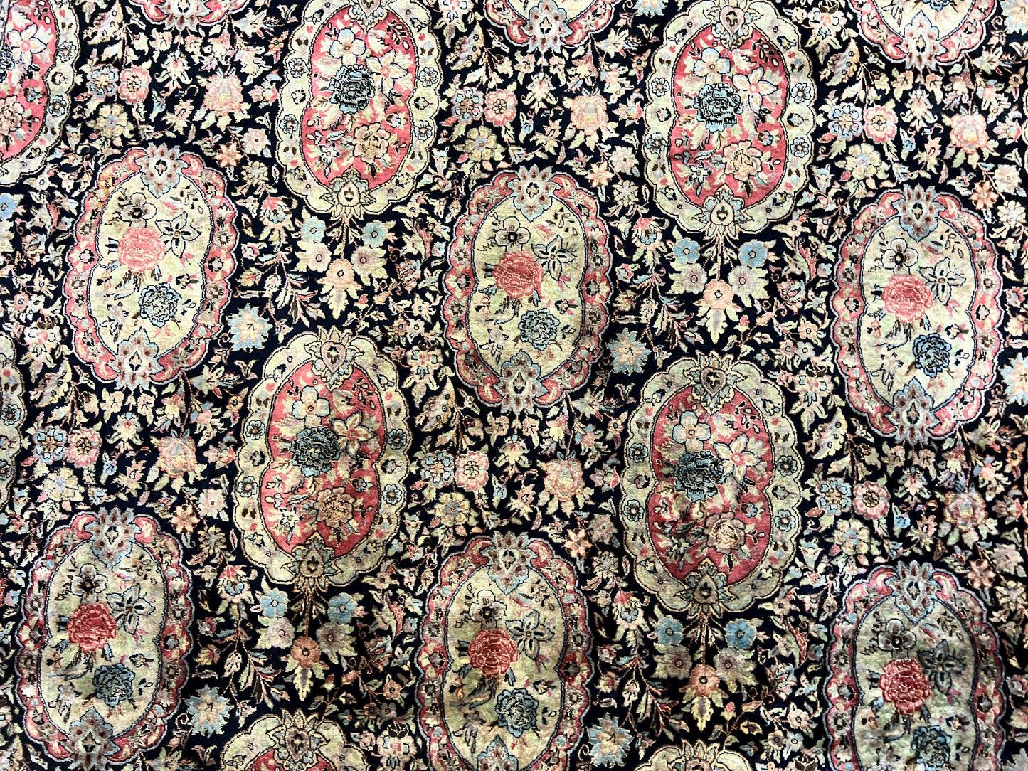 Sino Persian Rug 9x12, Navy Blue and Pink Hand Knotted Wool and Silk Highlights Vintage Oriental Carpet, Handmade Floral Area Rug 9 x 12 ft - Nuvé
