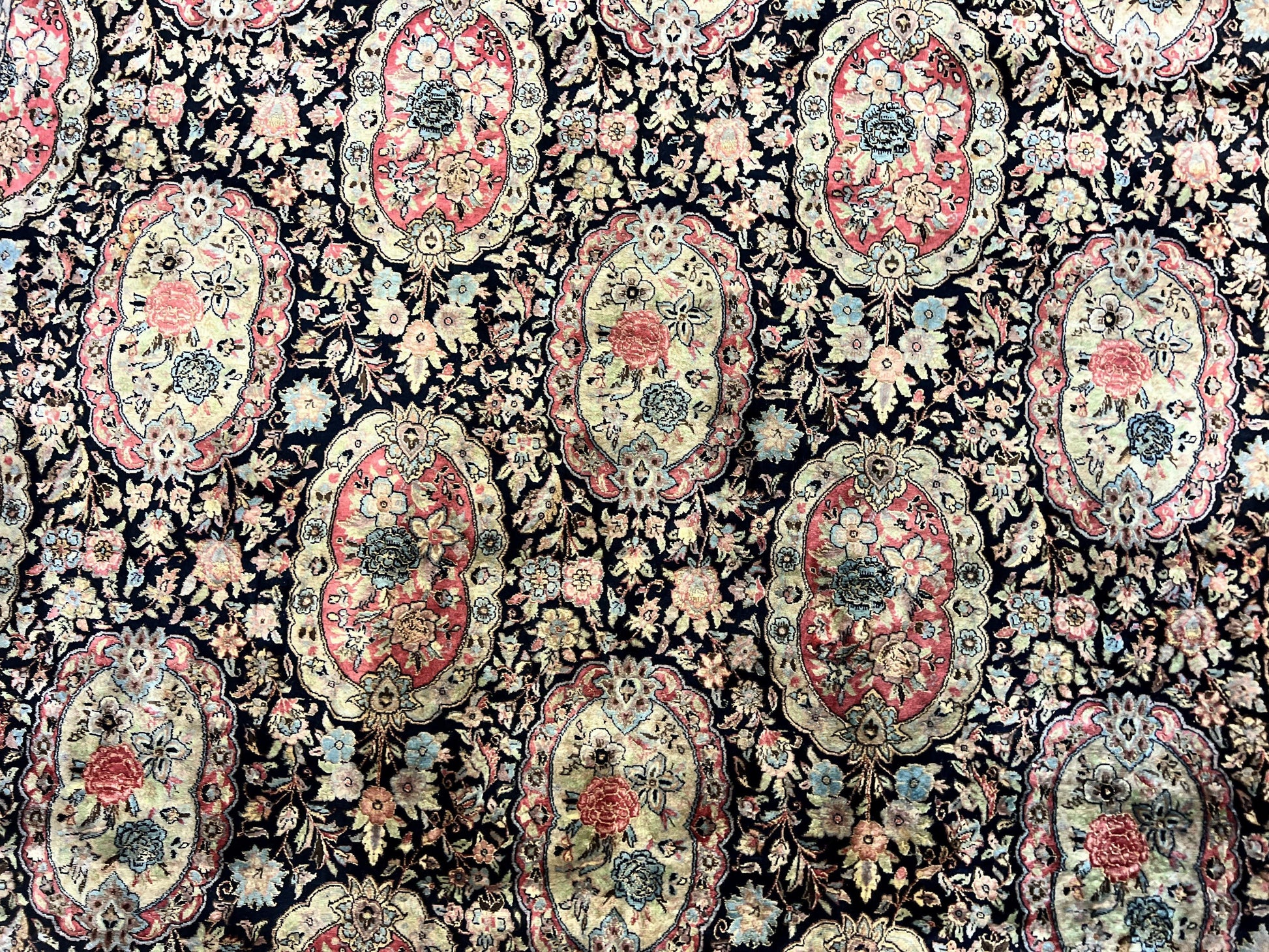 Sino Persian Rug 9x12, Navy Blue and Pink Hand Knotted Wool and Silk Highlights Vintage Oriental Carpet, Handmade Floral Area Rug 9 x 12 ft - Nuvé