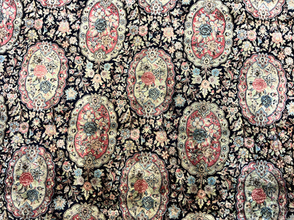 Sino Persian Rug 9x12, Navy Blue and Pink Hand Knotted Wool and Silk Highlights Vintage Oriental Carpet, Handmade Floral Area Rug 9 x 12 ft - Nuvé