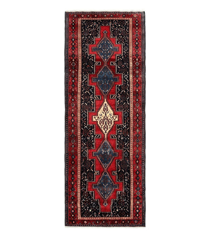 Persian Kurdish Senneh Runner Rug 3x9, Red Navy Blue, Medallions Wool Tribal Runner for Kitchen/Hallway 9ft Antique Handmade Oriental Runner