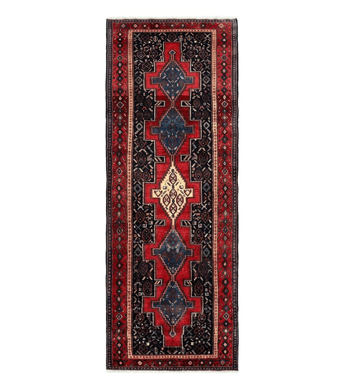 Persian Kurdish Senneh Runner Rug 3x9, Red Navy Blue, Medallions Wool Tribal Runner for Kitchen/Hallway 9ft Antique Handmade Oriental Runner