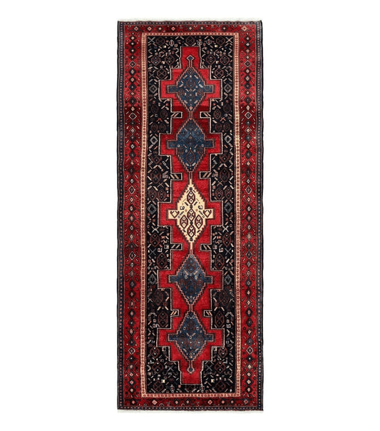 Persian Kurdish Senneh Runner Rug 3x9, Red Navy Blue, Medallions Wool Tribal Runner for Kitchen/Hallway 9ft Antique Handmade Oriental Runner