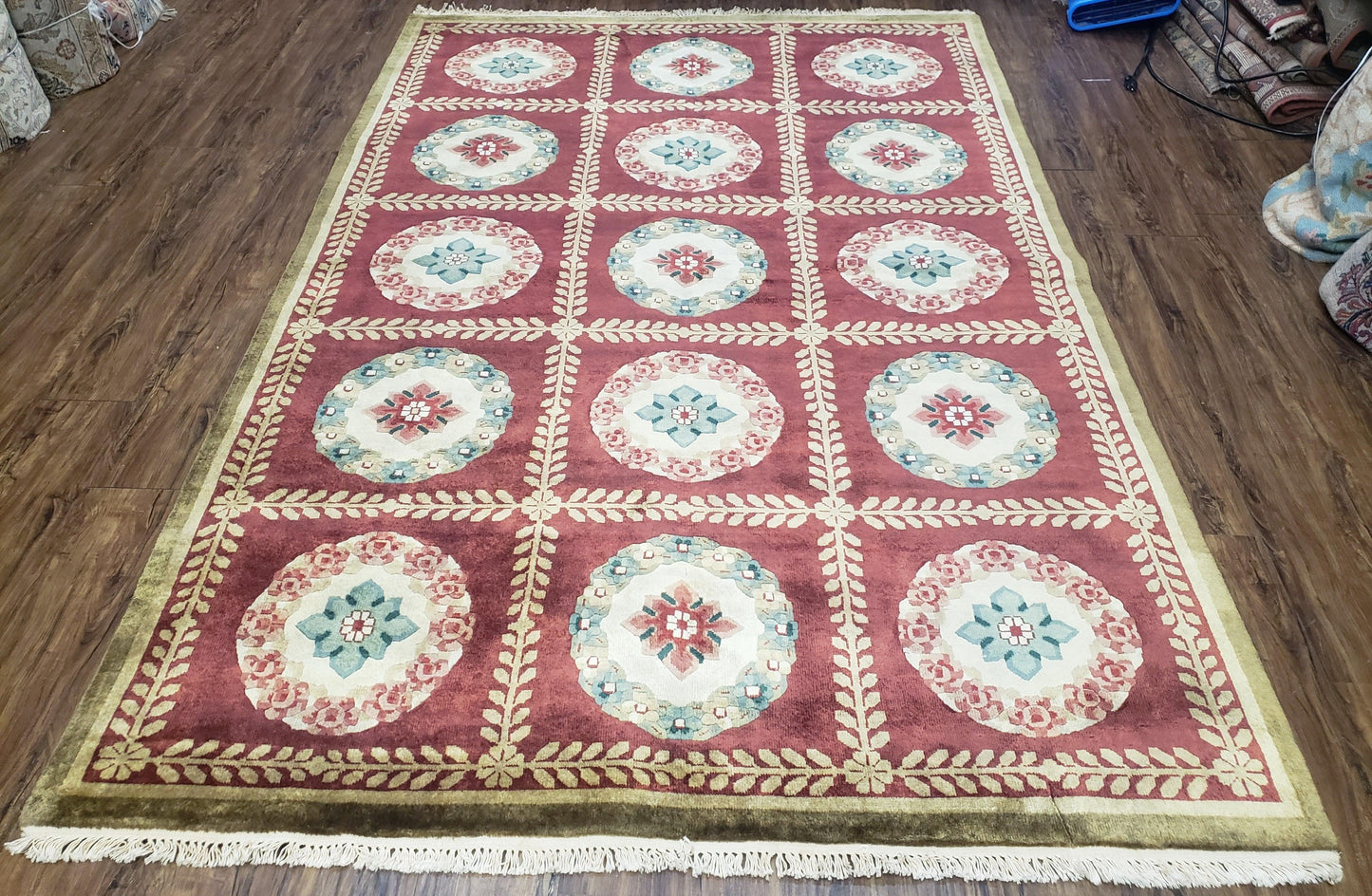 Nepalese Aubusson Panel Rug 6x9, Red & Ivory Soft Plush Tibetan Pile Rug, Wool Hand-Knotted Carpet, 6 x 9 Elegant Area Rug, Office Room Rug - Nuvé