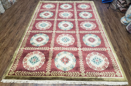 Nepalese Aubusson Panel Rug 6x9, Red & Ivory Soft Plush Tibetan Pile Rug, Wool Hand-Knotted Carpet, 6 x 9 Elegant Area Rug, Office Room Rug - Nuvé