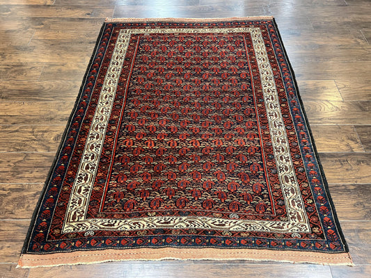 Persian Kurdish Rug 5x6, Wool Hand Knotted Vintage Carpet, Red Blue Cream, Boteh Paisley Pattern, 5 x 6 Medium Sized Oriental Rug - Nuvé