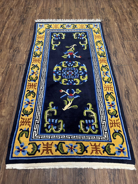 Chinese Art Deco Rug 3 x 5.9, Handmade Chinese Peking Carpet, Dark Blue and Gold, Medallion, Asian Oriental 3x6 Hand Knotted Vintage Rug - Nuvé