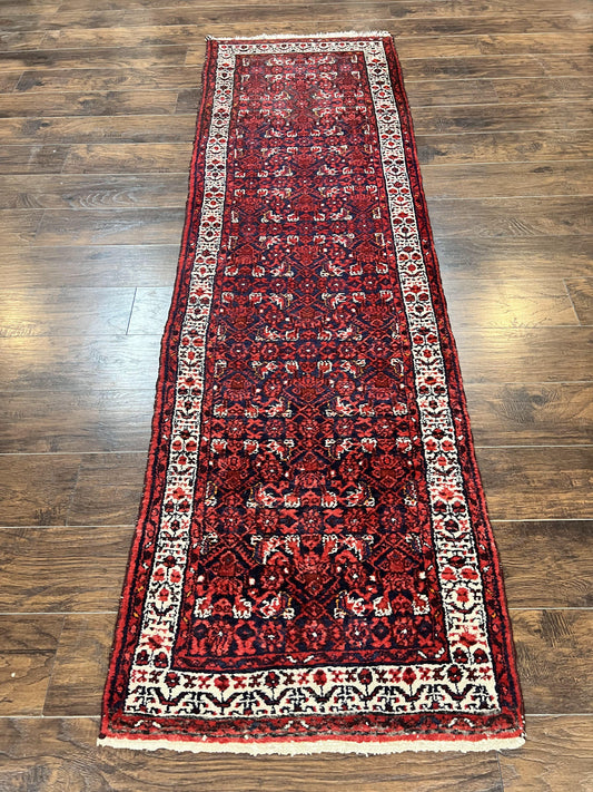 Persian Tribal Runner 3 x 9, Hamadan Dargazin Rug, Dark Blue and Red Wool Hand Knotted Hallway Rug, Vintage Antique Oriental Runner, 9ft Long Runner, Herati - Nuvé