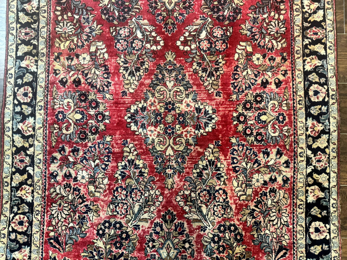 Antique Persian Sarouk Rug 4x7, Floral, Red 1920s Persian Wool Carpet