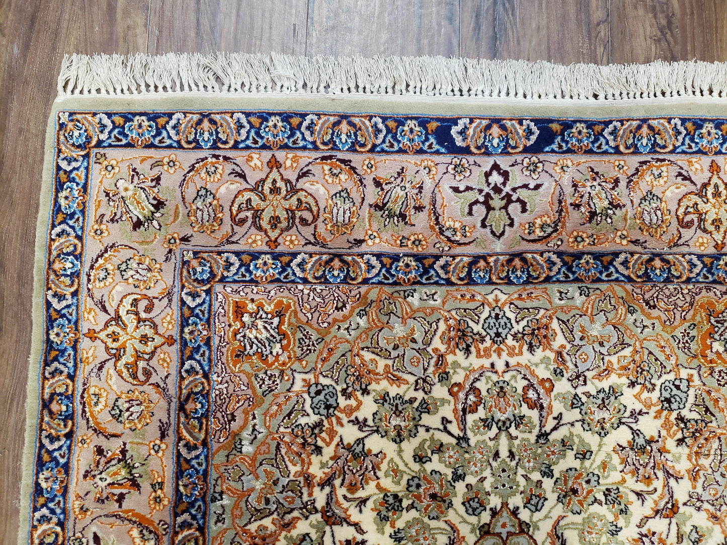 Vintage Persian Isfahan Lachak Toranj Rug, Highly Detailed, Kork Wool on Silk Foundation, Beige and Dark Blue, Hand-Knotted, 3'6" x 5' 4" - Nuvé