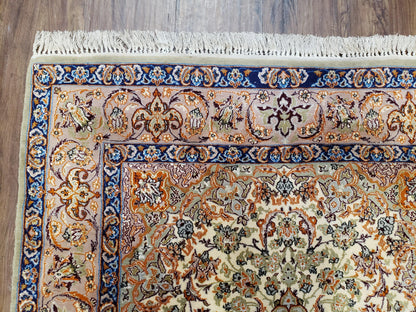 Vintage Persian Isfahan Lachak Toranj Rug, Highly Detailed, Kork Wool on Silk Foundation, Beige and Dark Blue, Hand-Knotted, 3'6" x 5' 4" - Nuvé