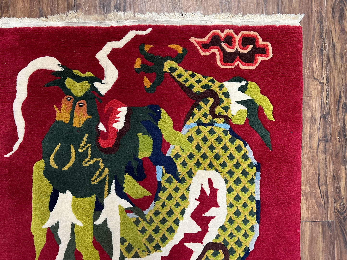 Vintage Chinese Dragon Rug 3 x 6.8, Handmade Hand Knotted Red Chinese Carpet with Gold Dragon, Art Deco Peking Soft Chinese Rug Runner - Nuvé