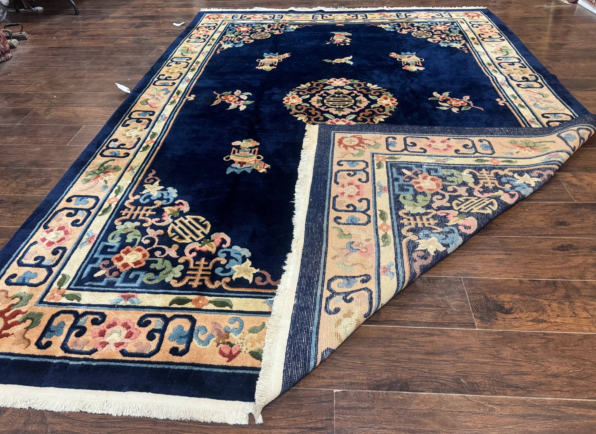 Chinese Wool Rug 8x11, Navy Blue and Beige, Simple Design, Fete Carpet - Nuvé