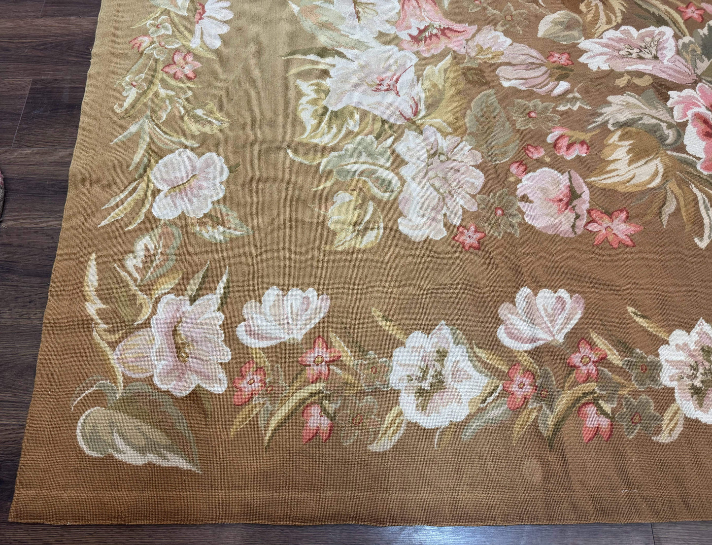Large Needlepoint Rug 11x14, Vintage Floral Wool Carpet, Caramel - Nuvé