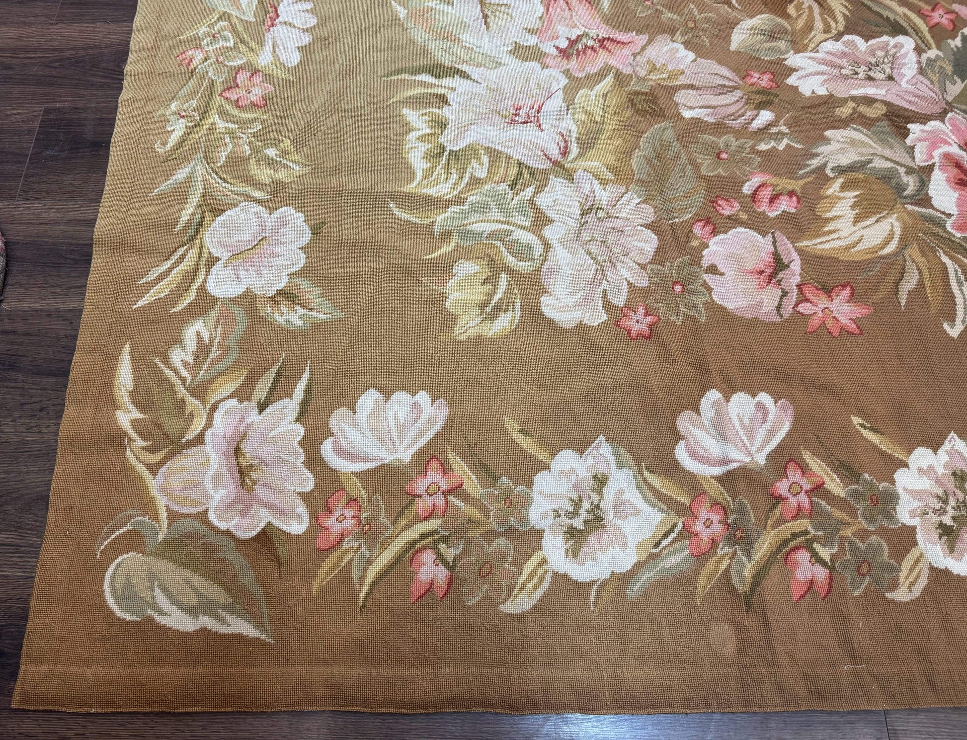 Large Needlepoint Rug 11x14, Vintage Floral Wool Carpet, Caramel - Nuvé