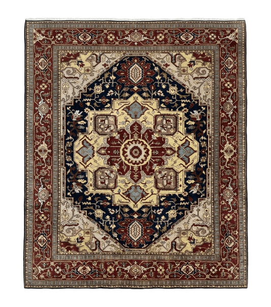 Indo Persian Heriz Rug 8x10, Geometric Medallion, Serapi Carpet, Wool Vintage Rug