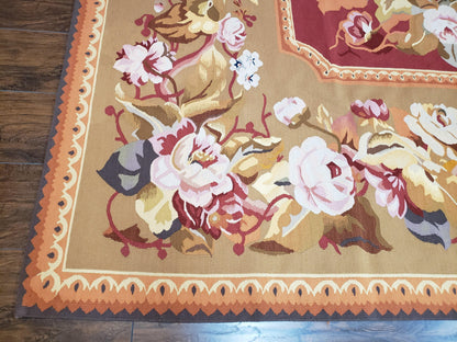 Vintage Chinese Aubusson Savonnerie Flat Pile Rug 9.9 x 14.5 Wool Handwoven Red & Khaki Large Flowers Rug 9x14 - 10x15 Michaelian Kolhberg - Nuvé