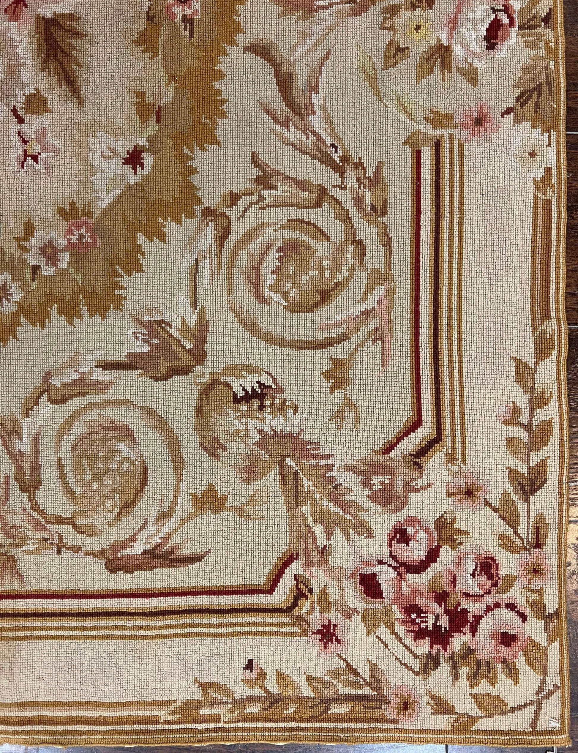 Aubusson Needlepoint Rug 4x5 ft, Beige and Tan, Aubusson Savonnerie Vintage Carpet, Handwoven Handmade Wool Rug, European Design Floral Rose - Nuvé