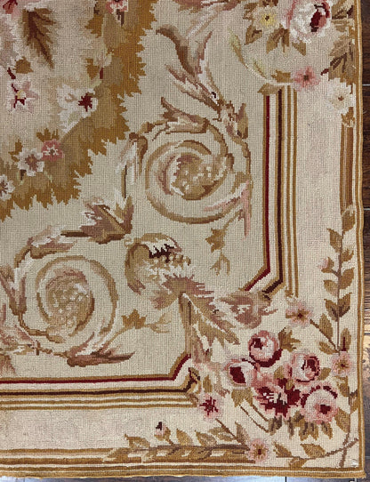 Aubusson Needlepoint Rug 4x5 ft, Beige and Tan, Aubusson Savonnerie Vintage Carpet, Handwoven Handmade Wool Rug, European Design Floral Rose - Nuvé