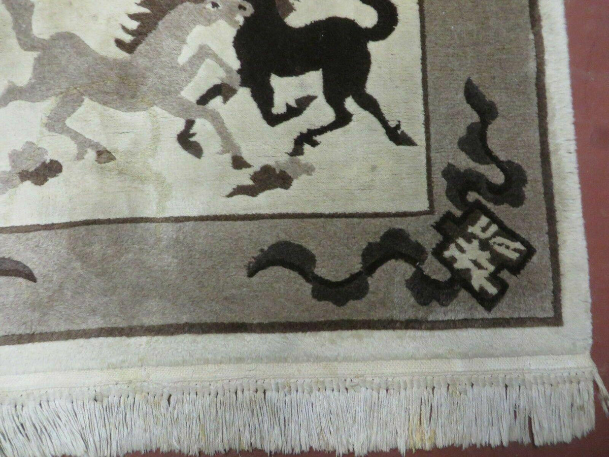4' X 6' Modern Tibetan Nepal Art Deco Chinese Hand Knotted Wool Rug Horses Nice