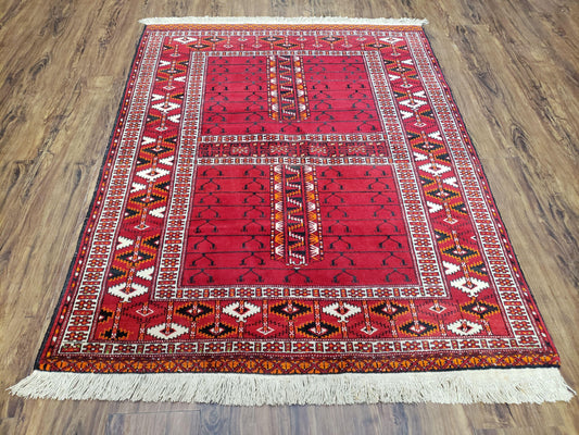 Antique Persian Turkoman Rug 4x5, Hatchli Tekkeh Ersari Red Tribal Rug, Handmade Wool Oriental Carpet, Four Seasons Rug - Nuvé