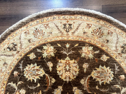 Round Pakistani Rug 6x6, Brown and Beige, Floral, Peshawar Rug, Traditional - Nuvé