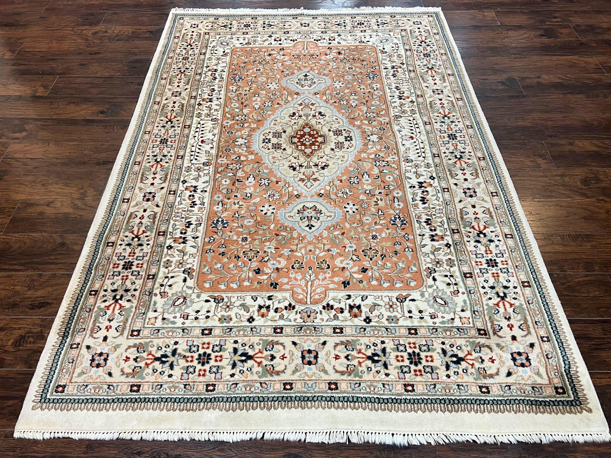 Indo Persian Rug 6x9, Wool Hand Knotted Vintage Carpet, Salmon & Ivory, Traditional Oriental Rug 6 x 9 - Nuvé