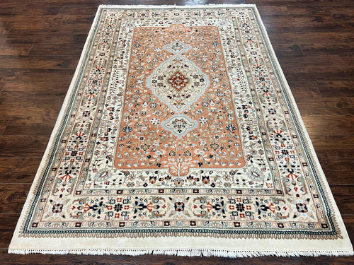 Indo Persian Rug 6x9, Wool Hand Knotted Vintage Carpet, Salmon & Ivory, Traditional Oriental Rug 6 x 9 - Nuvé