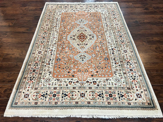 Indo Persian Rug 6x9, Wool Hand Knotted Vintage Carpet, Salmon & Ivory, Traditional Oriental Rug 6 x 9 - Nuvé