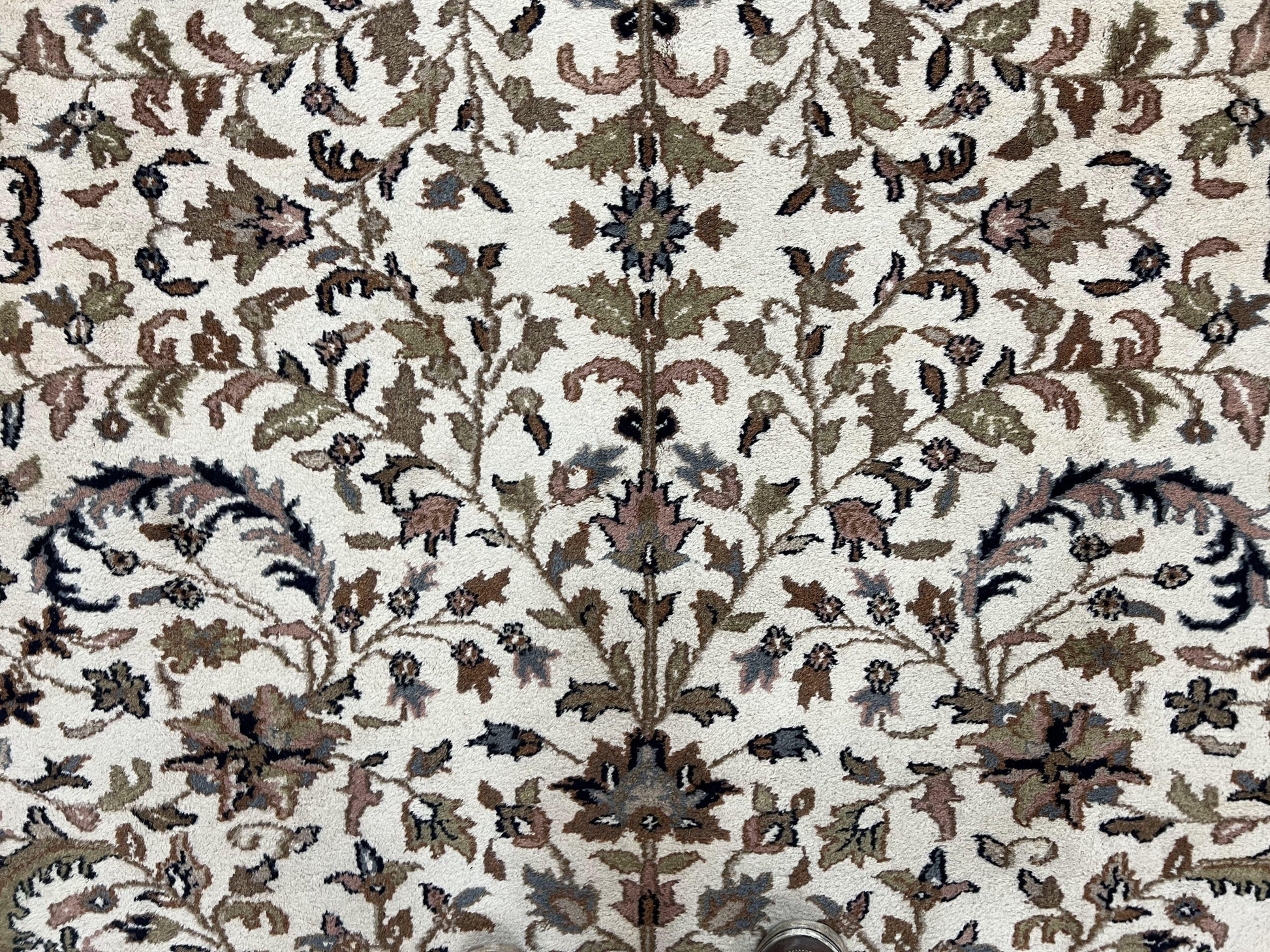 Indo Kirman Rug 8x12 Allover Floral Design, Ivory/Cream Brown, Vintage Handmade Hand Knotted Rug, Traditional Wool Persian Carpet 8 x 12 - Nuvé