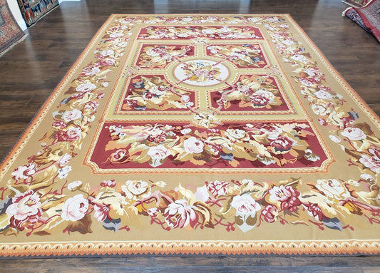 Vintage Chinese Aubusson Savonnerie Flat Pile Rug 9.9 x 14.5 Wool Handwoven Red & Khaki Large Flowers Rug 9x14 - 10x15 Michaelian Kolhberg - Nuvé