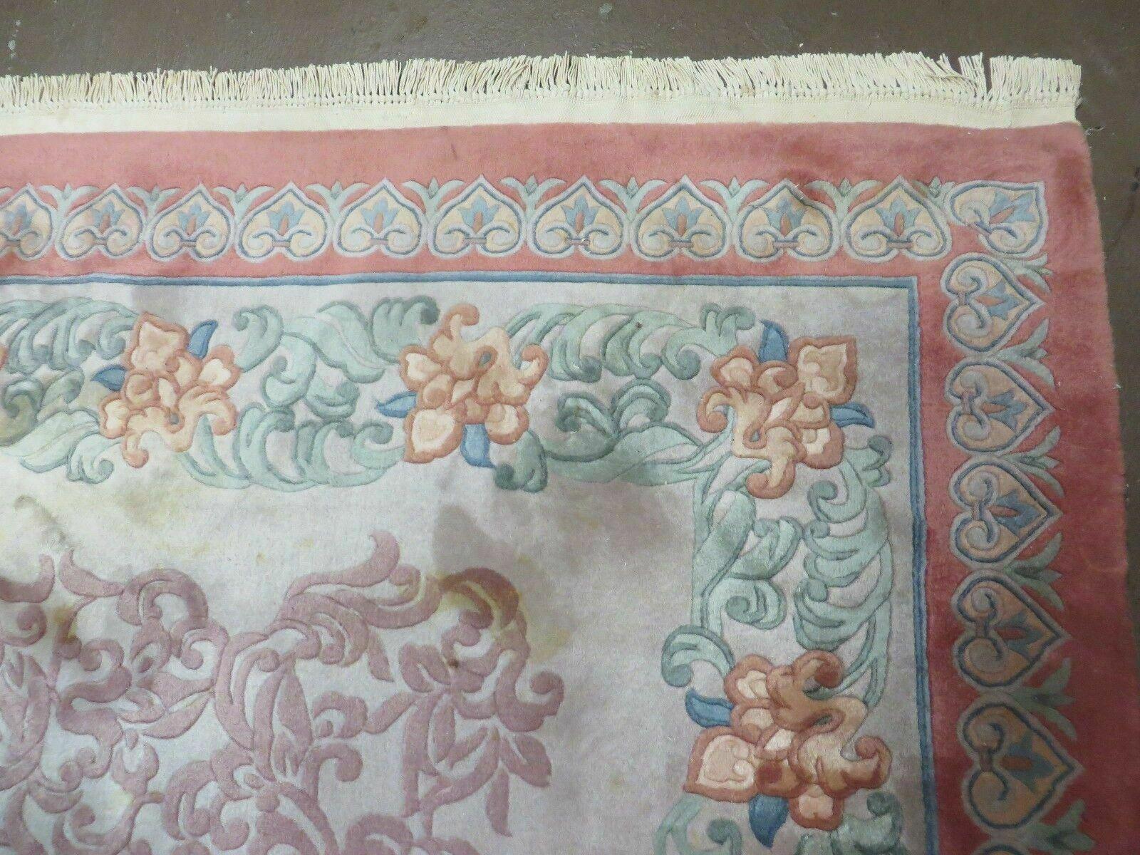 9' X 12' Vintage Handmade Chinese Carving Sculpture Wool Rug Flower Design Pink Carpet - Nuvé