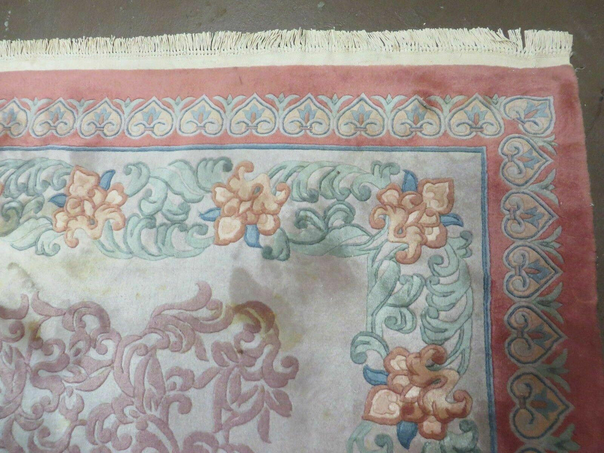 9' X 12' Vintage Handmade Chinese Carving Sculpture Wool Rug Flower Design Pink Carpet
