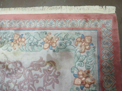 9' X 12' Vintage Handmade Chinese Carving Sculpture Wool Rug Flower Design Pink Carpet
