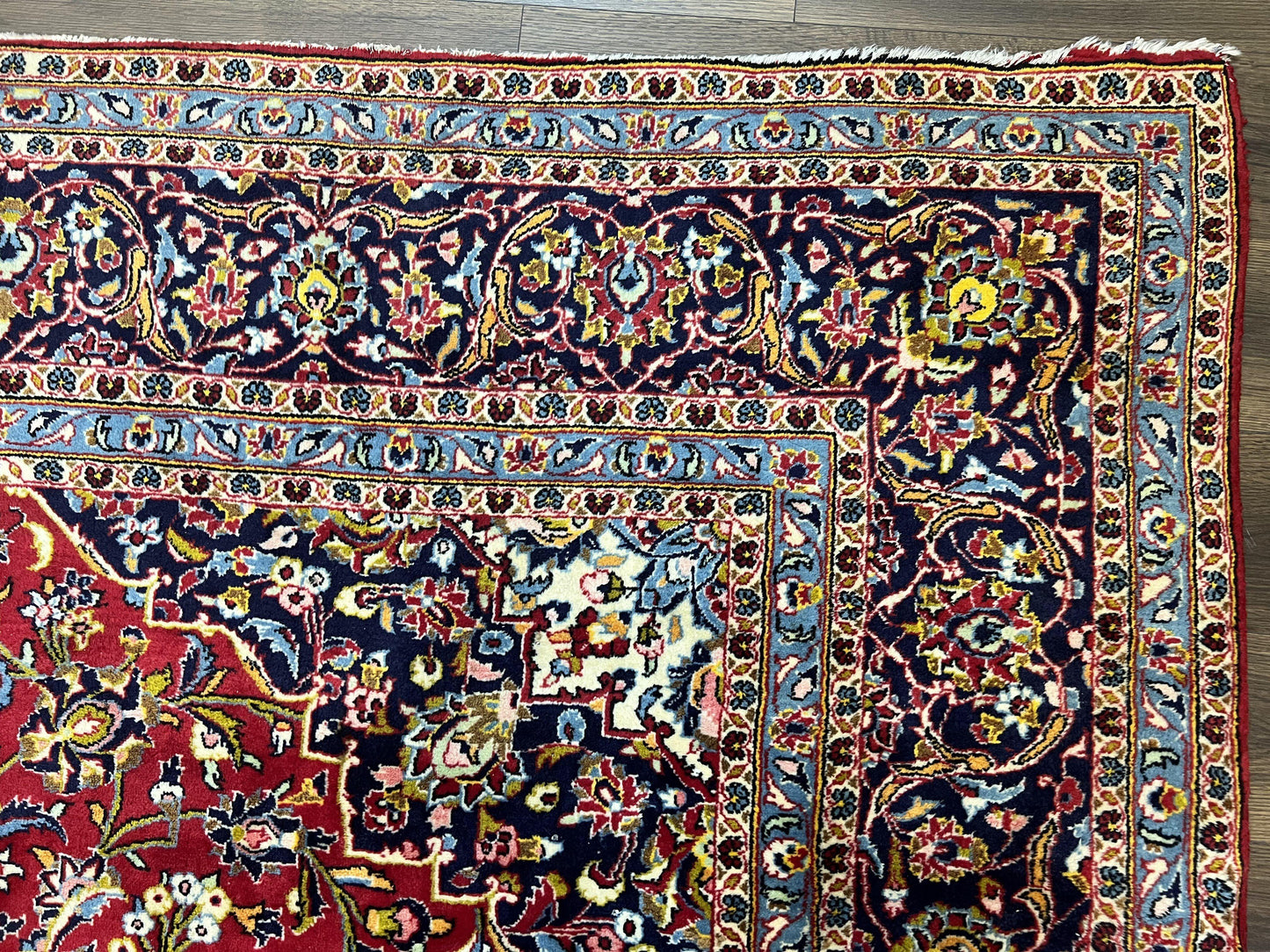 Persian Kashan Rug 9x12, Red Navy Blue, Allover Floral Medallion & Corner Design, Handmade Wool Oriental Carpet, Semi Antique Traditional Carpet - Nuvé