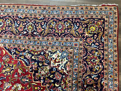 Persian Kashan Rug 9x12, Red Navy Blue, Allover Floral Medallion & Corner Design, Handmade Wool Oriental Carpet, Semi Antique Traditional Carpet - Nuvé