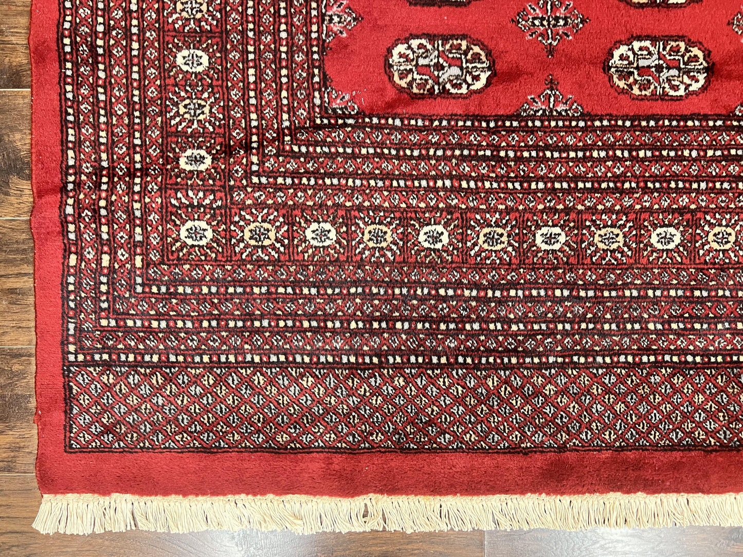 Turkoman Rug 8 x 11.6, Red Bokhara Pakistani Carpet, Wool Handmade Vintage Rug - Nuvé