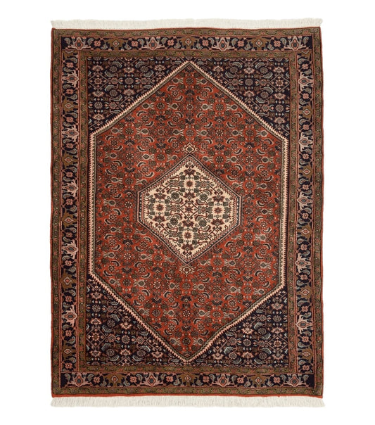 Persian Bidjar Rug 4x5, Finely Hand Knotted Vintage Carpet, Red and Navy Blue, Handmade Wool Rug, 180 KPSI