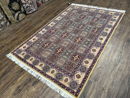 Indo Persian Silk Rug 4x6, Panel Design, Small Flowers, Hand Knotted, Fine Weave, Oriental Carpet 4 x 6, Vintage Area Rug, Beautiful Rug - Nuvé
