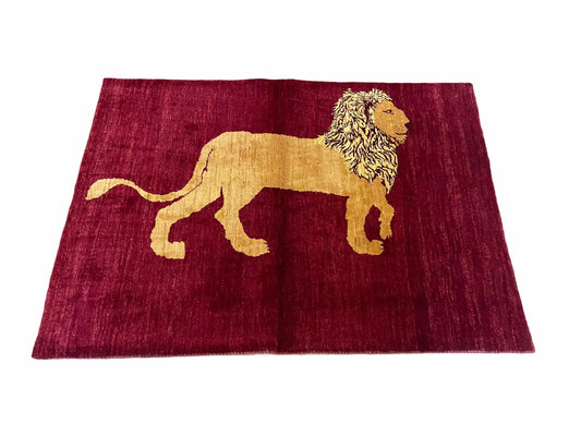 3.5 X 5 Handmade Rug Vintage New Rug Quality Wool Lion Red Veggy Dyes Pictorial - Nuvé