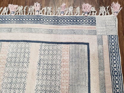 Vintage Moroccan Kilim Area Rug 4x6, Ivory & Blues, Moroccan Wall Hanging, Wool, Handmade, 3'9" x 6' 1", Boho Rug, Flatweave Moroccan Carpet - Nuvé