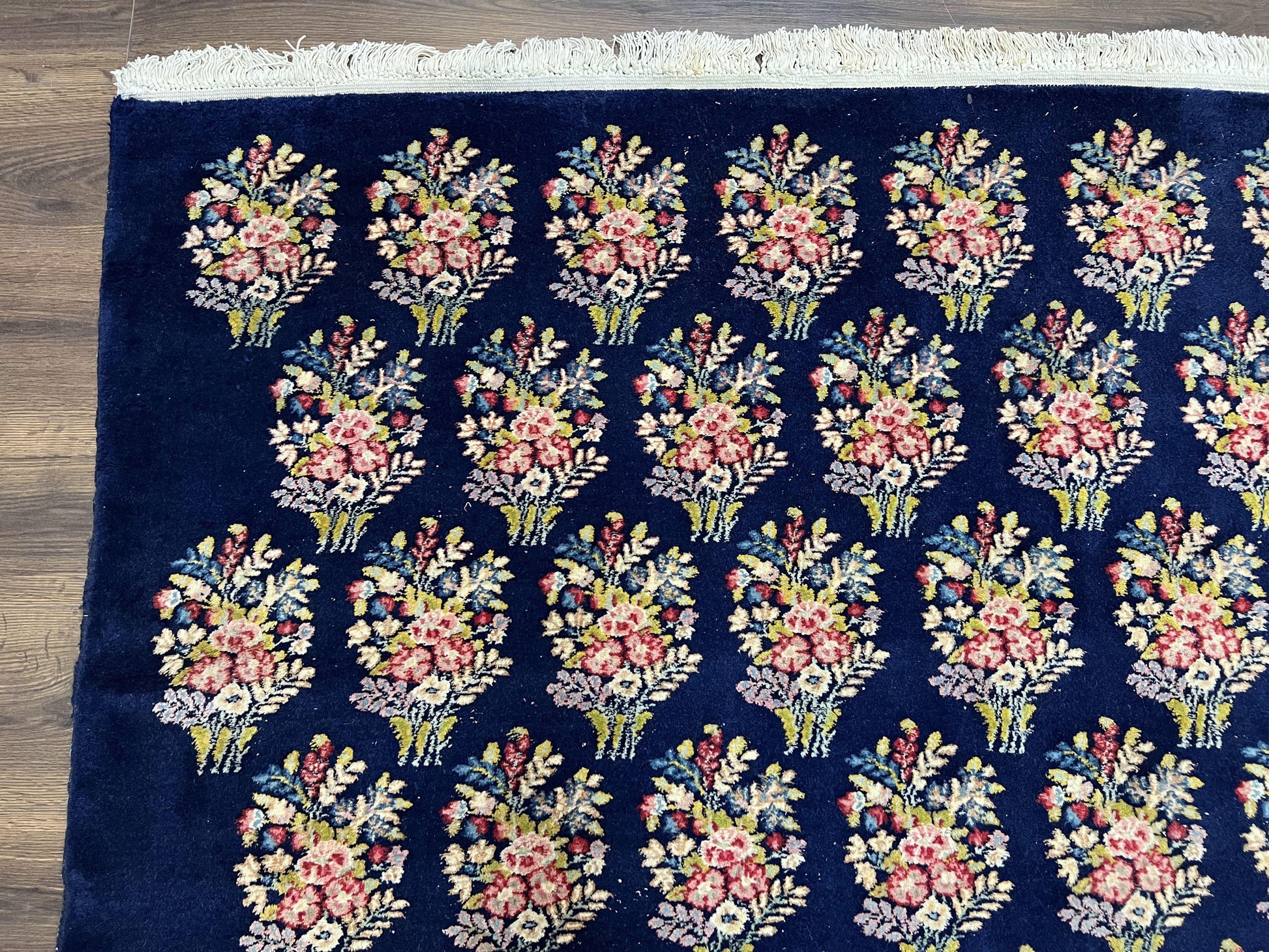 Persian Rug 9x12, Authentic Hand Knotted Carpet, Repeated Floral Motif Garden of Eden, Navy Blue Wool Rug 9 x 12, Semi Antique Kirman Rug - Nuvé