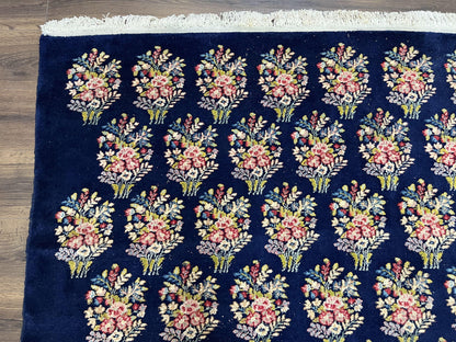 Persian Rug 9x12, Authentic Hand Knotted Carpet, Repeated Floral Motif Garden of Eden, Navy Blue Wool Rug 9 x 12, Semi Antique Kirman Rug - Nuvé