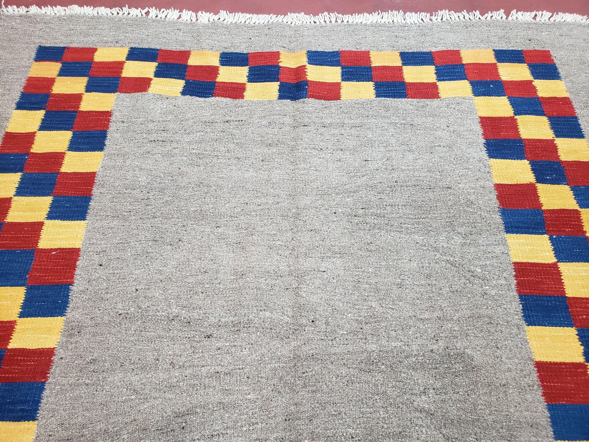 New Turkish Kilim Area Rug, Gray Carpet With Colorful Checker Border, 5'6" x 8", Flatweave Carpet, Playroom Rug, Kids Room Rug, Hand-Knotted - Nuvé