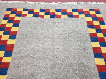 New Turkish Kilim Area Rug, Gray Carpet With Colorful Checker Border, 5'6" x 8", Flatweave Carpet, Playroom Rug, Kids Room Rug, Hand-Knotted - Nuvé