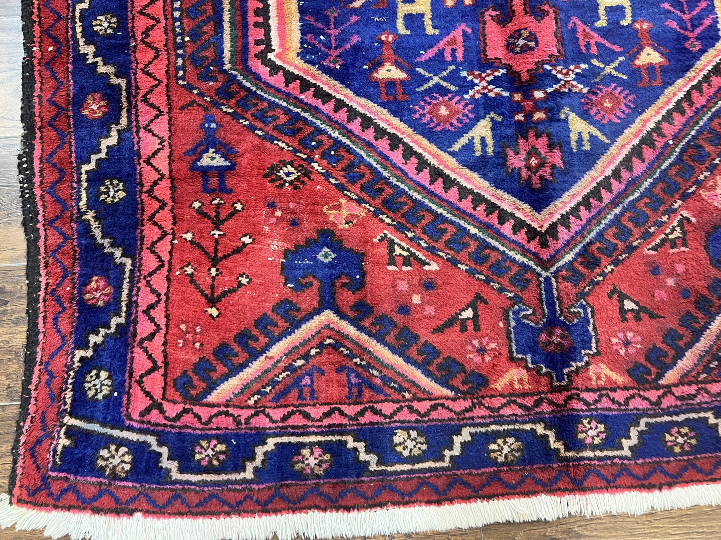 Persian Tribal Rug 5x7, Wool Handmade Vintage Hamadan Nahavand Carpet, Red & Navy Blue, Animal Motifs, Geometric Oriental Rug 5 x 7 - Nuvé