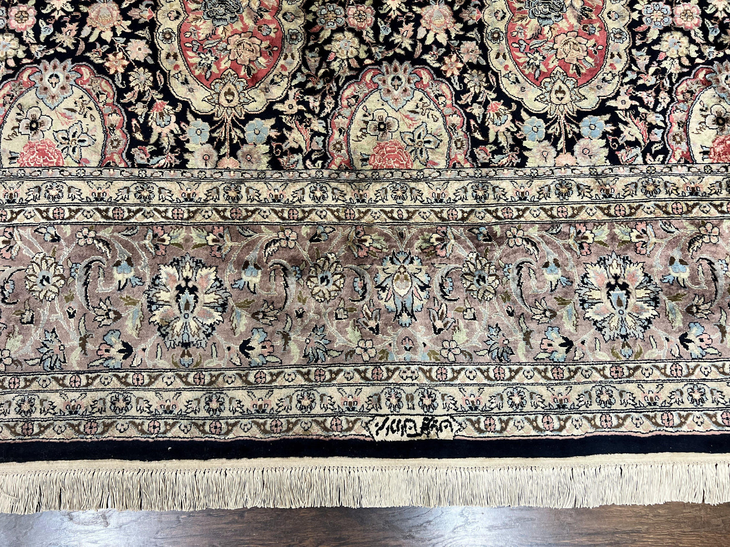 Sino Persian Rug 9x12, Navy Blue and Pink Hand Knotted Wool and Silk Highlights Vintage Oriental Carpet, Handmade Floral Area Rug 9 x 12 ft - Nuvé