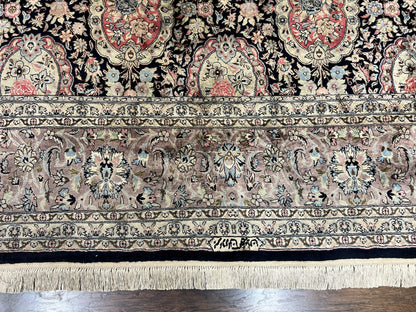 Sino Persian Rug 9x12, Navy Blue and Pink Hand Knotted Wool and Silk Highlights Vintage Oriental Carpet, Handmade Floral Area Rug 9 x 12 ft - Nuvé